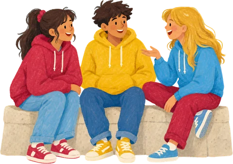 Ilustração de três adolescentes conversando sentados num muro